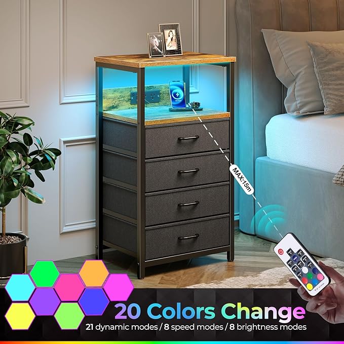 Seventable Night Stand with Charging Station, Tall Nightstand with 4 Fabric - Image 6