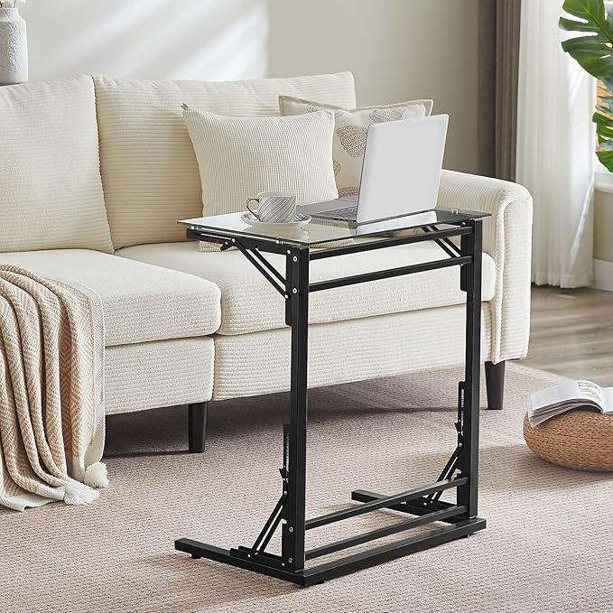 Tatub 24" Folding C Shaped End Table, Small Tempered Glass Side Table by Tatub