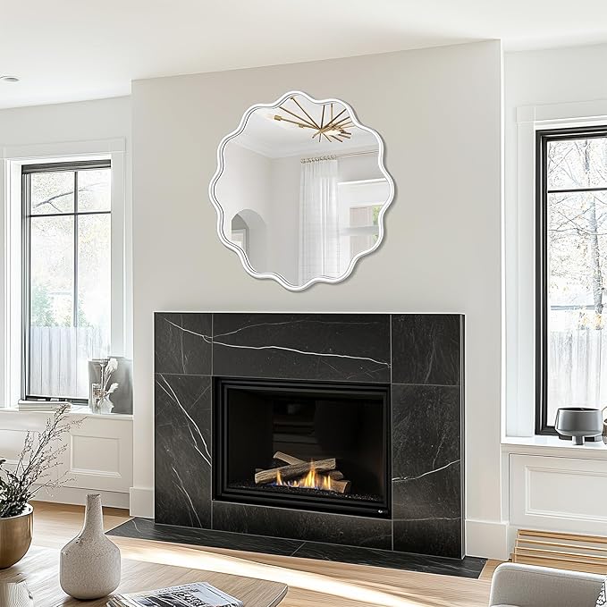 PROHOMEWARE White Round Mirror 28 Inch Wavy Bathroom Vanity Mirror White Frame - Image 5