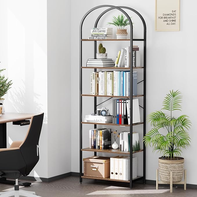 Homhedy 6-Tier Bookshelf Arched Display Racks, Wood and Metal Bookcase - Image 6
