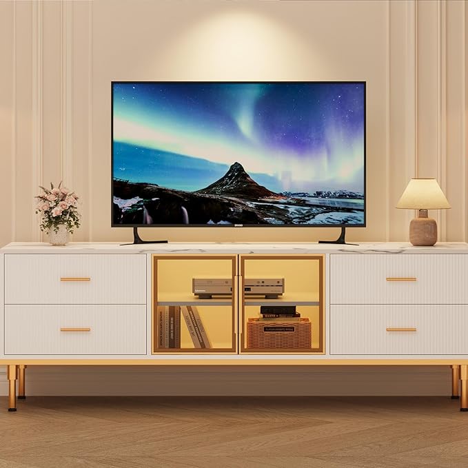 66" Fluted TV Stand with LED Light, Modern Entertainment Center - Image 9