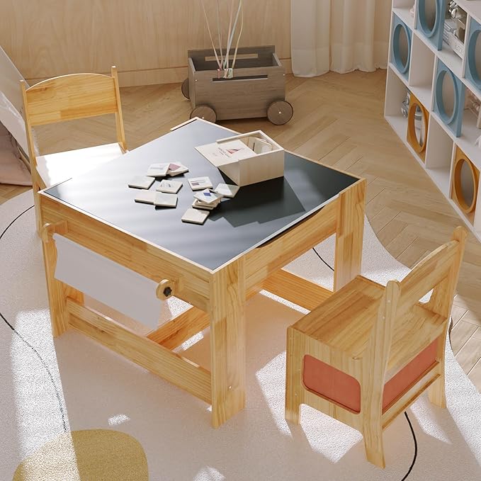 Pinewood Kids Table and Chair Set, 3 in 1 Toddlers Wooden Art Activity Table - Image 2