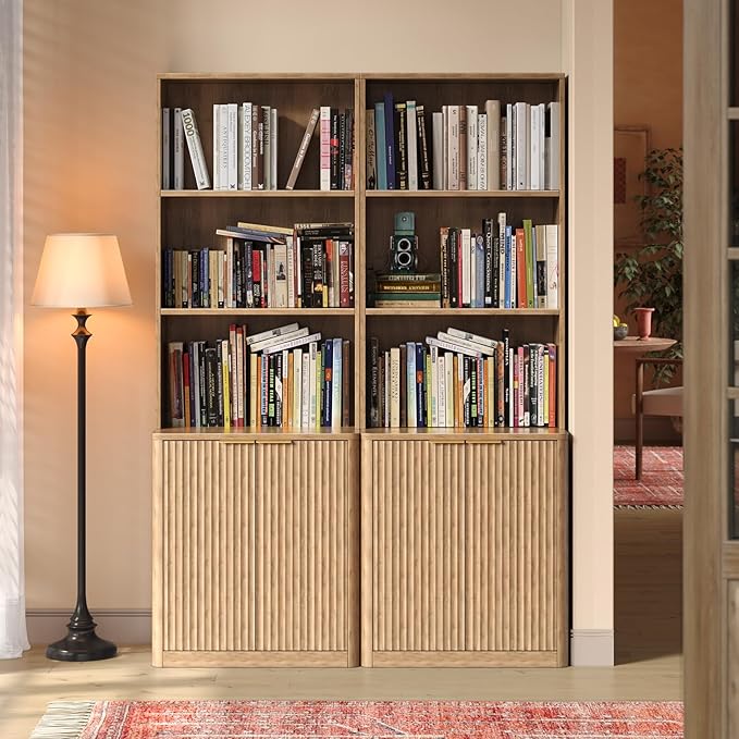 71" Oak Bookcase with Doors, 5-Tier Fluted Tall Bookshelf with Storage - Image 3