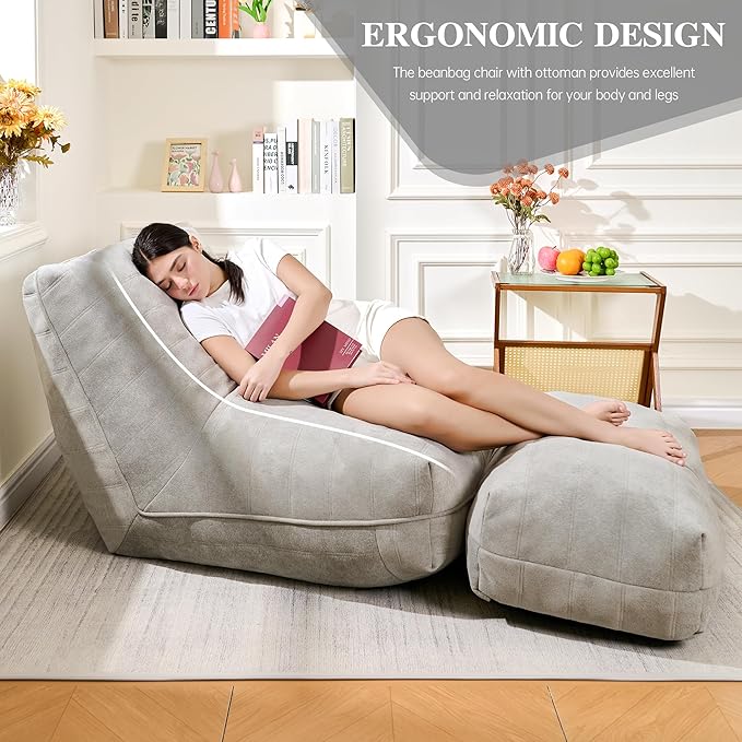 Bean Bag Chair with Ottoman, Comfy Bean Bag Sofa with Memory Foam, Lazy BeanBag - Image 4