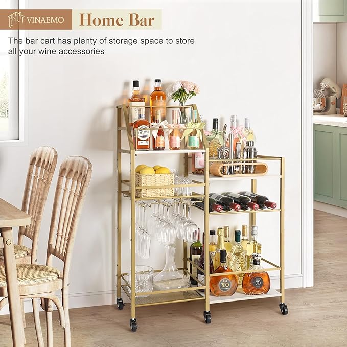 VINAEMO Gold Bar Cart With Wine Glass Holder, Stand - Image 8
