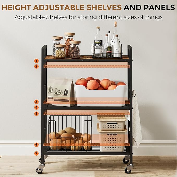 3-Tier Metal Storage Rack with Industrial Wheels, Mesh Shelving Unit with - Image 4