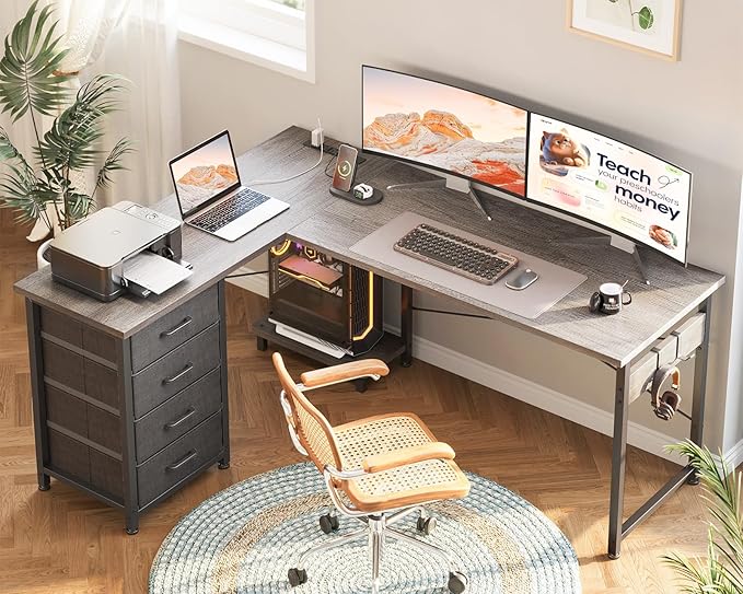 AODK L Shaped Desk with 4 Tier Drawers, L Shaped Computer Desk with USB - Image 8