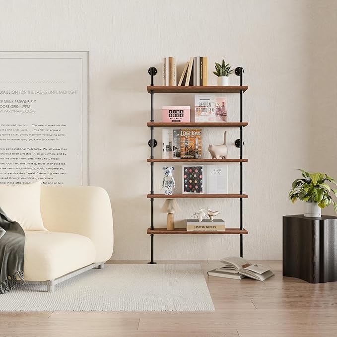 5 Tier Industrial Ladder Shelf Bookcase, Wall Mounted Wood Metal Pipe Rustic by ANYNICE