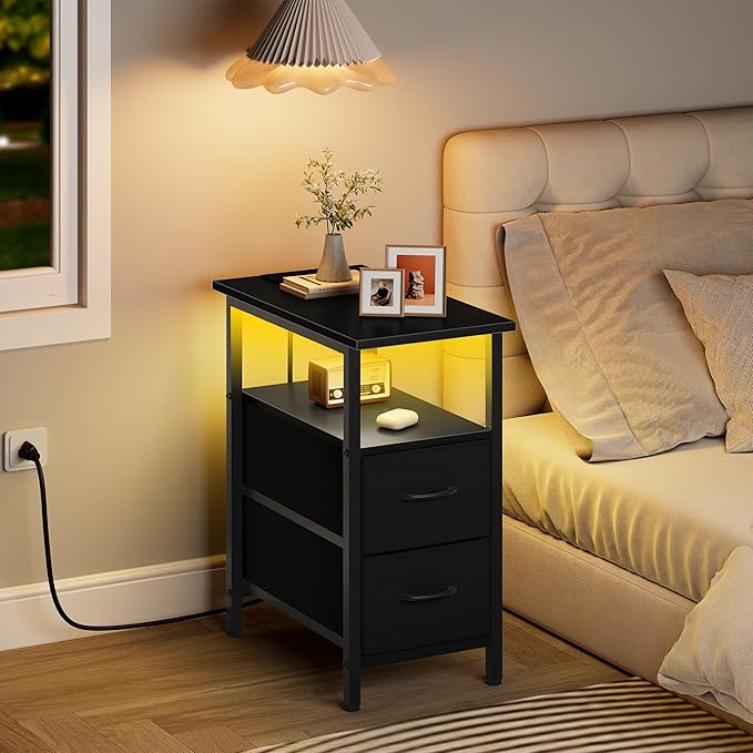 Vagusicc Black Nightstand with Charging Station and LED Lights, Narrow Side - Image 9