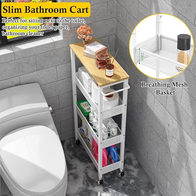 Utility Slim Storage Cart, 4 Tier Small Rolling Kitchen Laundry Room Cart - Image 4