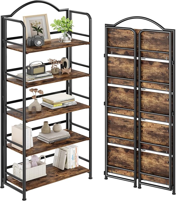 No-Assembly Folding Bookshelf Storage Shelves 5 Tiers Vintage Multifunctional by THKKYHomeOfficeFurniture