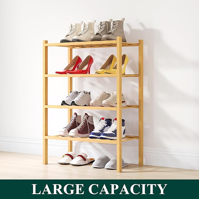 Smiry Shoe Rack, 4 Tier Small Bamboo Shoe Organizer, Stackable Free Standing - Image 5