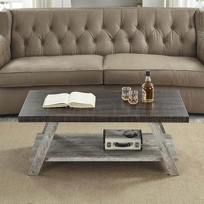 Roundhill Furniture Athens Contemporary Wood Shelf Coffee Table, Weathered by RoundhillFurniture
