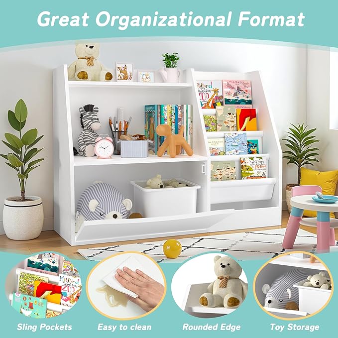 TOETOL 2 Tier Kids Bookshelf and Book Storage，4 Sling Toddler Bookshelf - Image 7