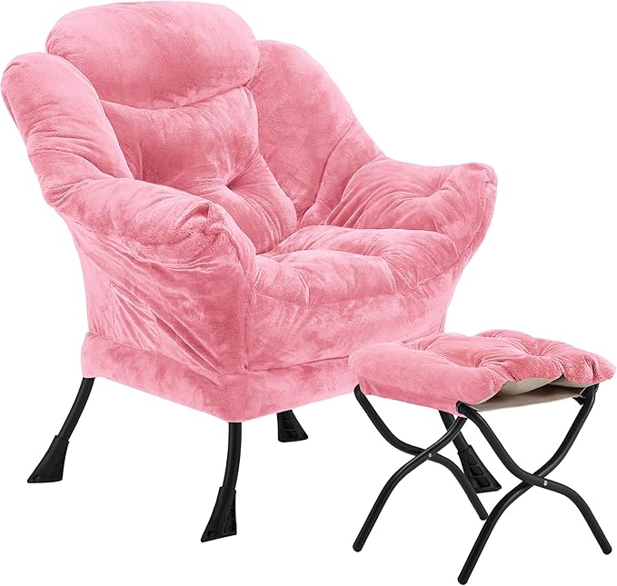 Lazy Chair with Folding Ottoman, Accent Chair Plush Upholstered with Metal by Youtanic
