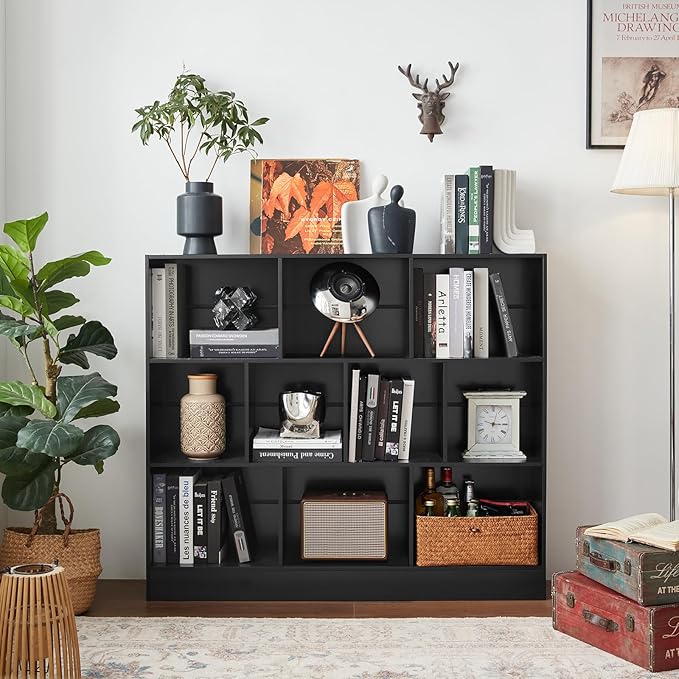 YAHARBO Black Wide Bookshelf, 3 Tier Modern Horizontal Bookcase, Wood Low - Image 6