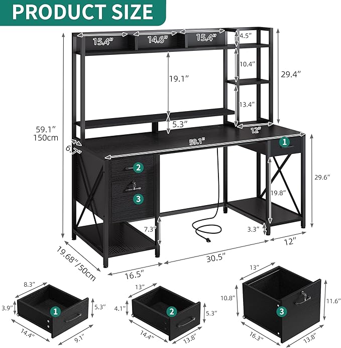 DWVO Computer Desk with Drawers & Hutch, 59.1" Office Desk with Power Outlets & - Image 2