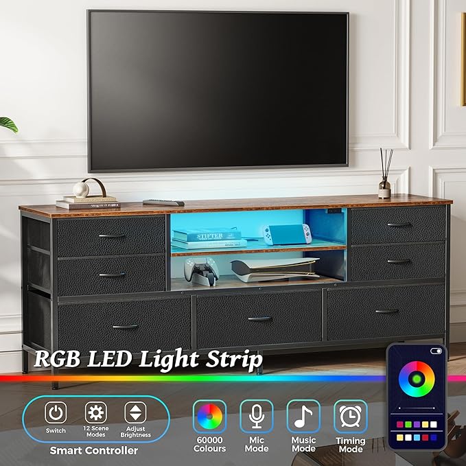 Huuger TV Stand Dresser with Power Outlets and LED Lights, 7 Drawers - Image 5
