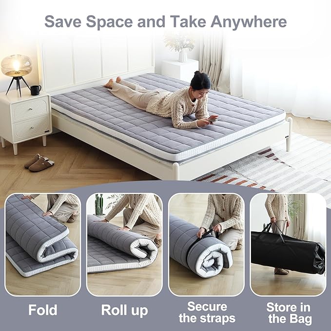 Tiita Japanese Floor Mattress Futon Mattress 4” Thick Folding Roll Up Sleeping - Image 6