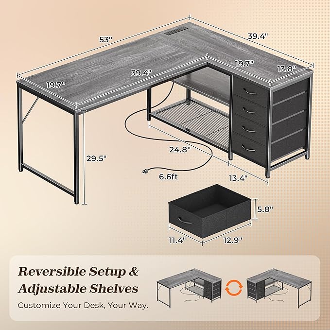 PRAISUN 53" L Shaped Desk with Power Outlets and USB-C Port, Reversible - Image 2