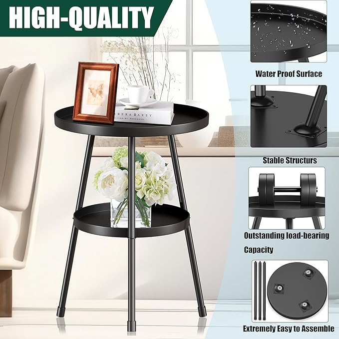 Small Side Table Round 2 Tier End Table Metal Round Coffee Tables Nightstand - Image 6