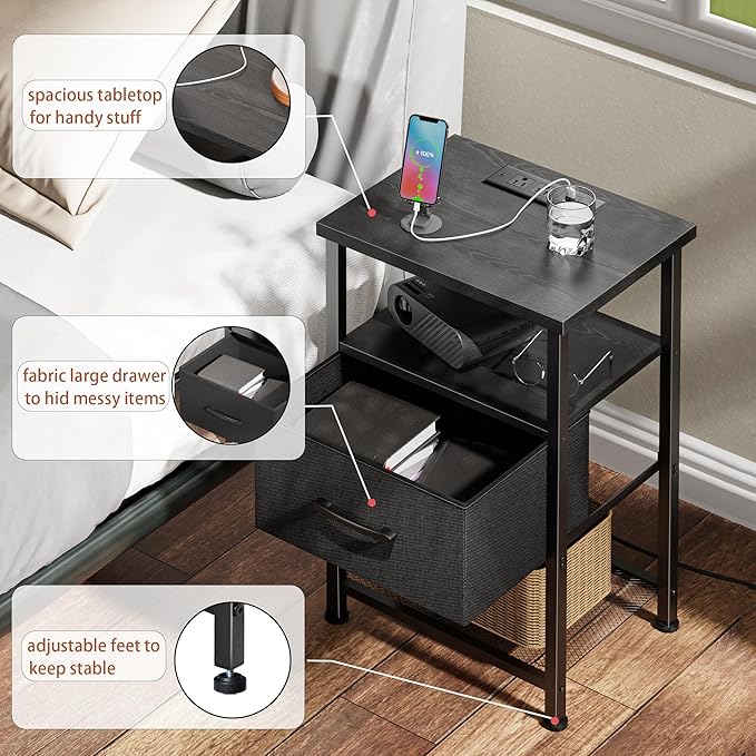 Nightstands Set of 2 with Charging Station and Drawer, End Table Bedside Table - Image 10
