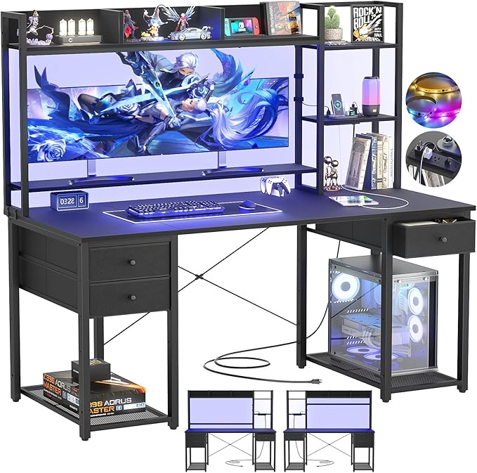 Aheaplus Desk with LED and Outlets, Gaming Desk with Hutch, 55.2'' Computer by Aheaplus