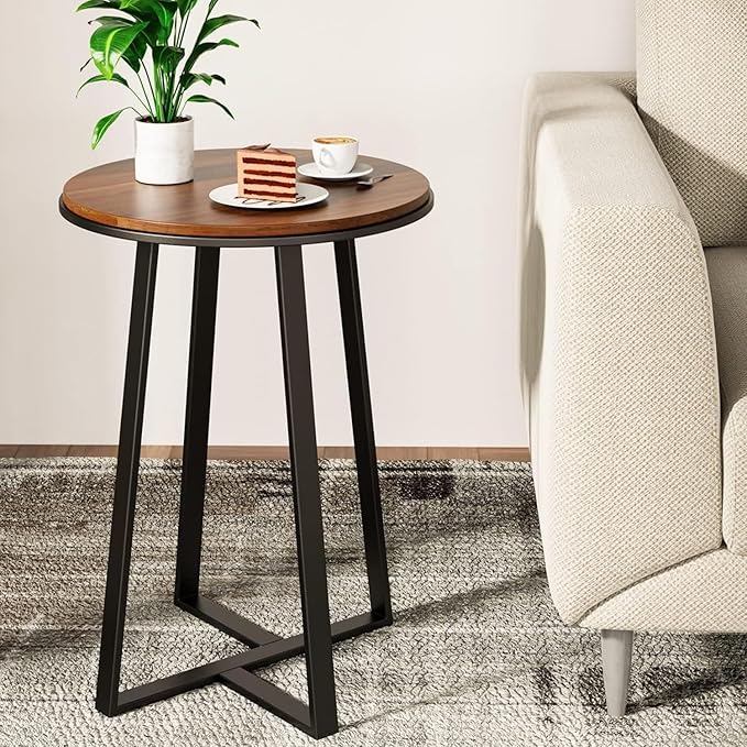 Round End Tables, Small Side Table Walnut Color MDF Top, Metal Frame Black by DorrissJewelry