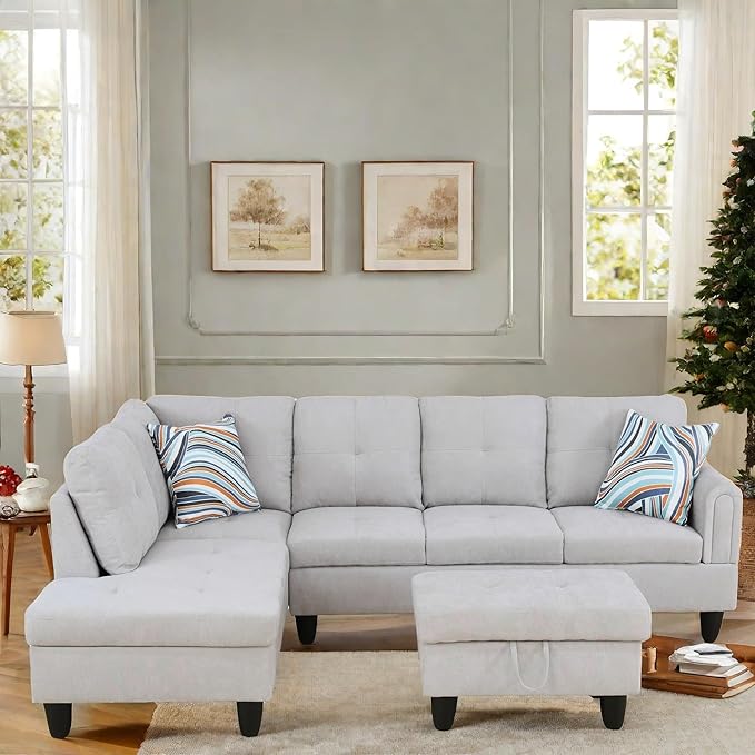 L Shaped Sectional Couch with Otttoman, Apartments, Light Grey - Image 5