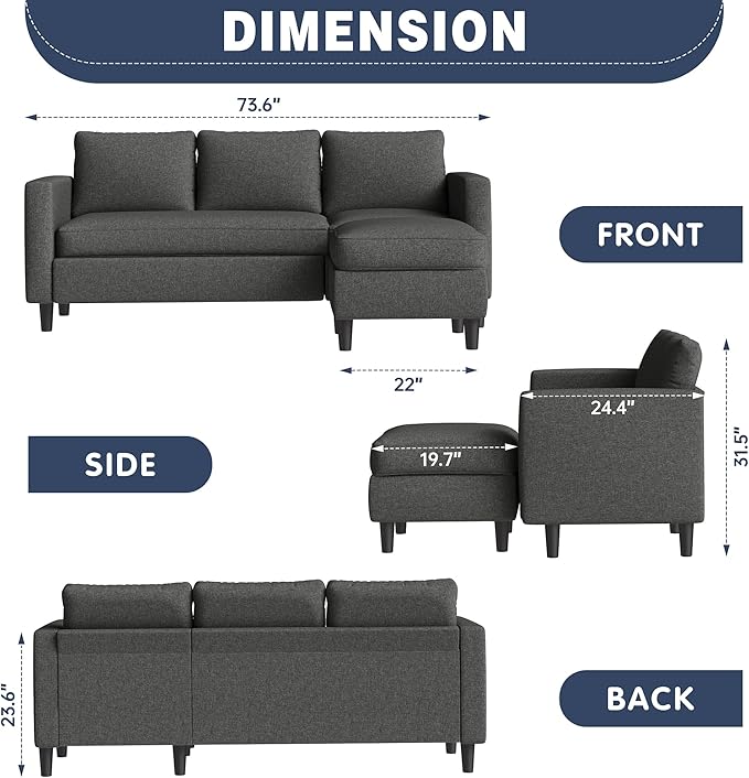 Small Sectional Sofa Couch, 3 Seat L Shaped Couches - Image 2