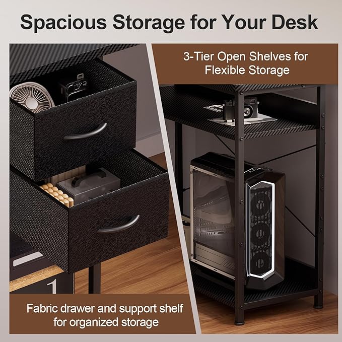 GTPLAYER L Shaped Desk with Drawers, Carbon Fiber Style Computer Desk with - Image 6