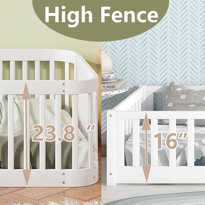 Bellemave Twin Floor Bed with High Fence and Rounded Corner Design, Wood - Image 4