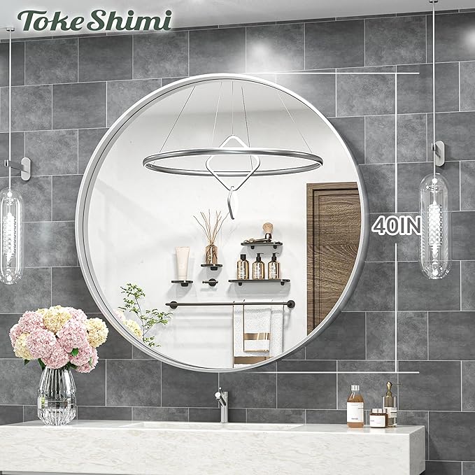 TokeShimi 40 Inch Round Silver Bathroom Vanity Mirror - Image 4