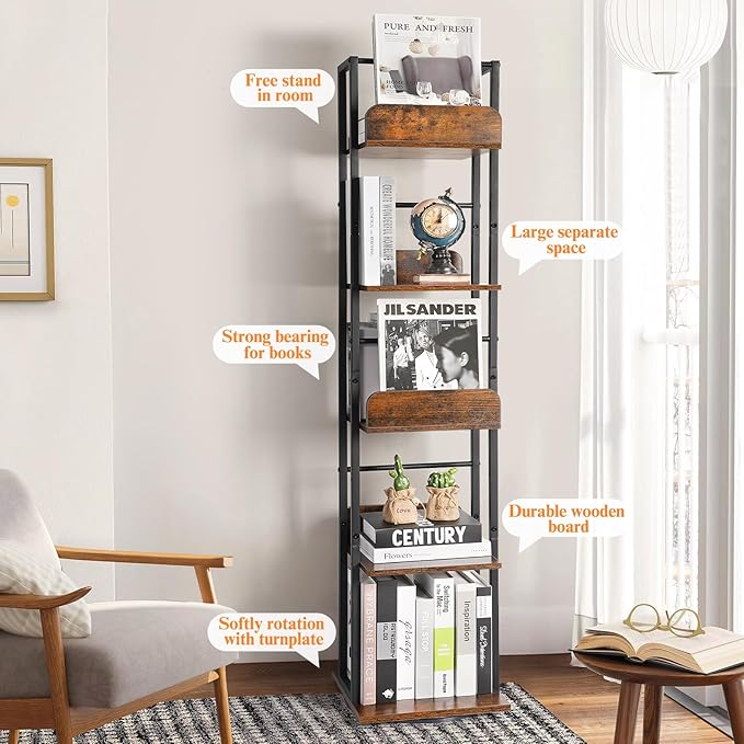 Bikoney Rotating Bookshelf, 360 Display Spinning Bookshelf Tower, 5-Tier Narrow - Image 6