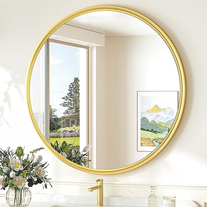 TokeShimi 30 in Round Framed Brushed Gold Mirror Bathroom Tempered, by RefinedBathroomAccessories