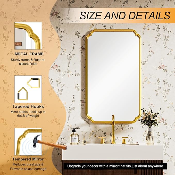 26"x40" Rustproof Bathroom Mirror Gold, Round Corner Metal Frame Wall Mirror - Image 6