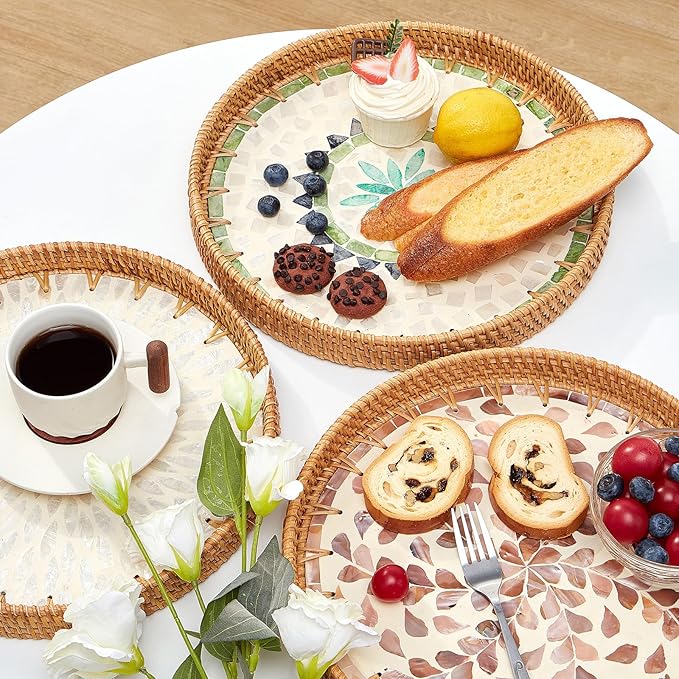Round Rattan Tray with Mother of Pearl Inlay, Rattan Serving Tray with Wooden - Image 3