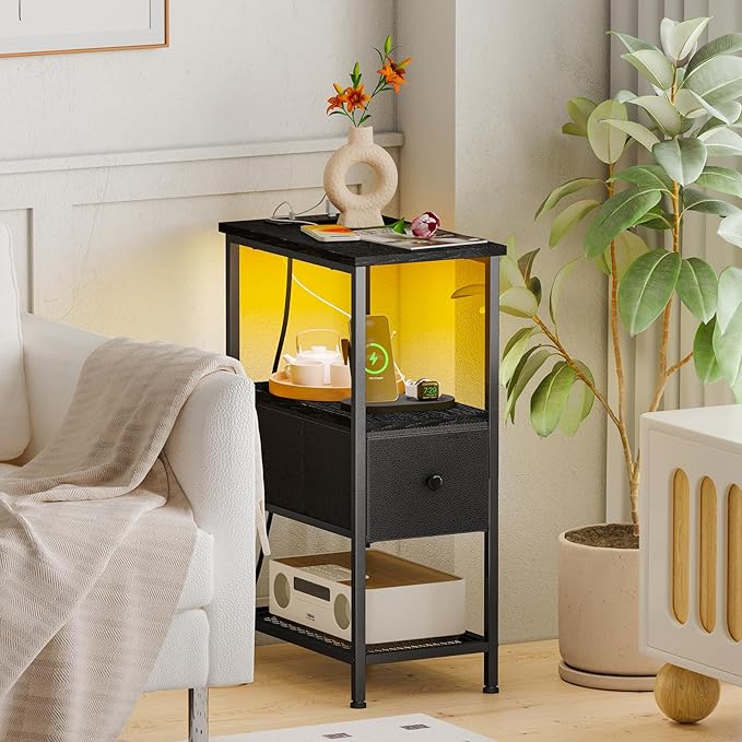 Fixwal Narrow Side Table with Charging Station and LED Light, Skinny Nightstand - Image 2