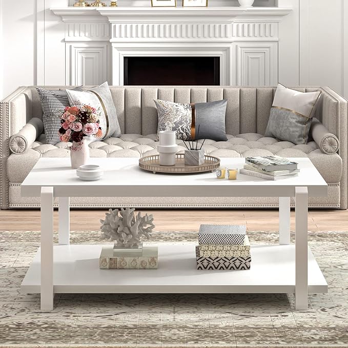 FOLUBAN White Coffee Table, Modern Rustic Wood and Metal Center Table - Image 5