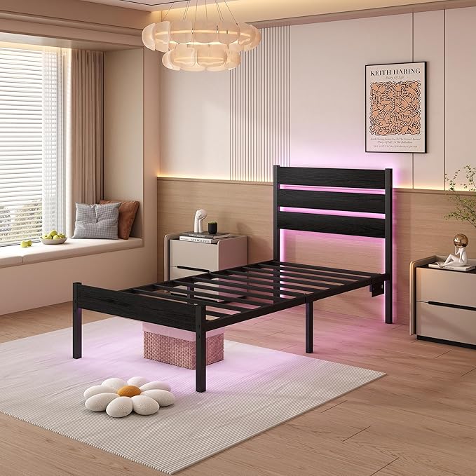 Twin Bed Frame with Headboard, Heavy Duty LED Bed Frame with USB Charging - Image 7