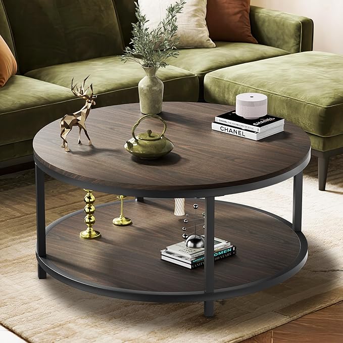 NSdirect 36 inches Round Coffee Table, Rustic Wooden Surface Top & Sturdy Metal by NSdirect