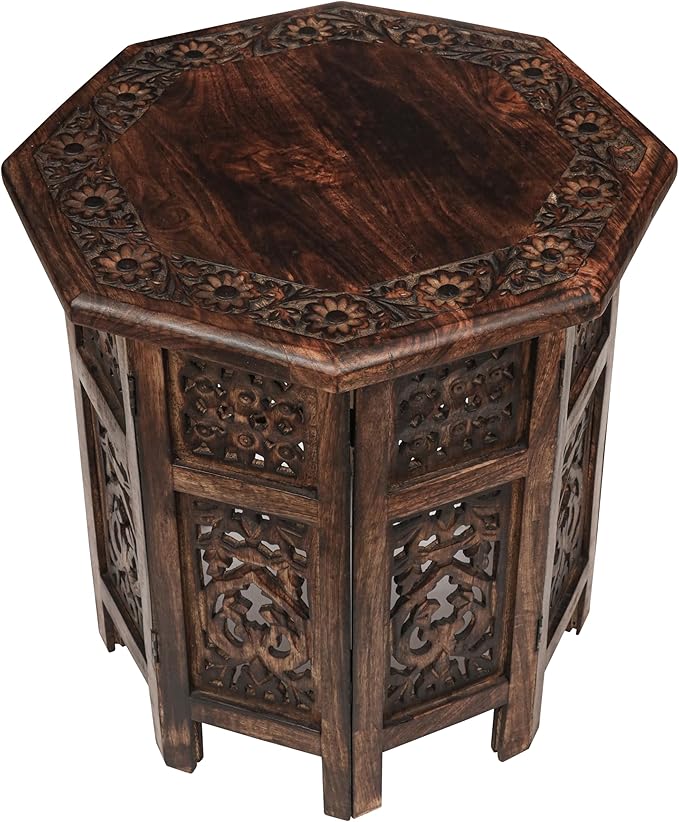 The Wooden Town End Tables for Living Room– Hand Carved Vintage Boho Folding - Image 3