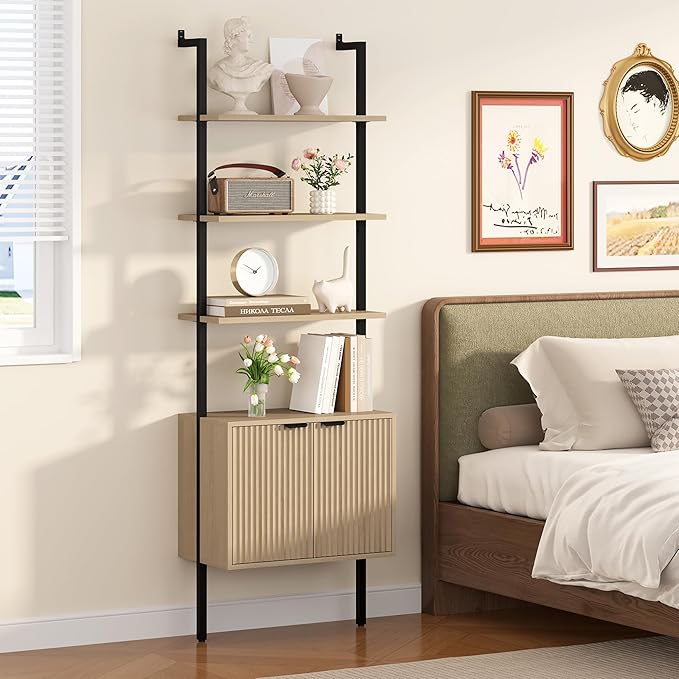 Yusong 73" Tall Bookshelf with Cabinet, Industrial Ladder Wall Mount Shelf - Image 7