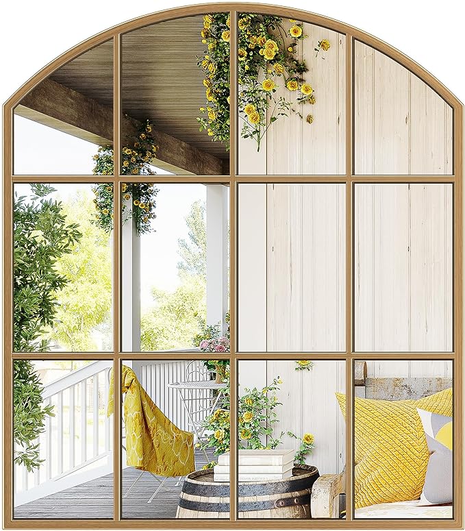 Wide Window Pane Mirror, Brass Grid Wall Large Decorative Mirror by Brauthon