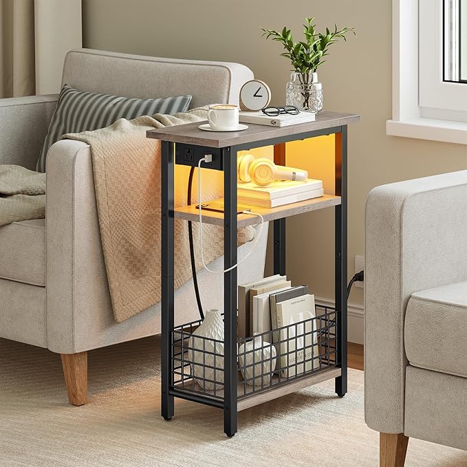 HOOBRO Narrow Side Table with Charging Station and LED Light, Small End Table - Image 2