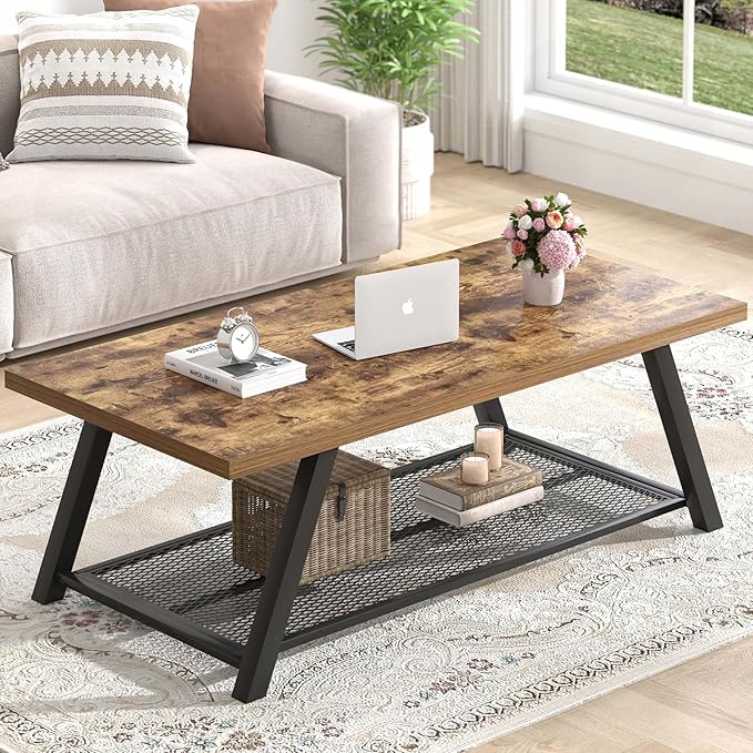 FOLUBAN 47 Inch Coffee Table, Industrial Wood and Metal Living Room Table by FOLUBAN