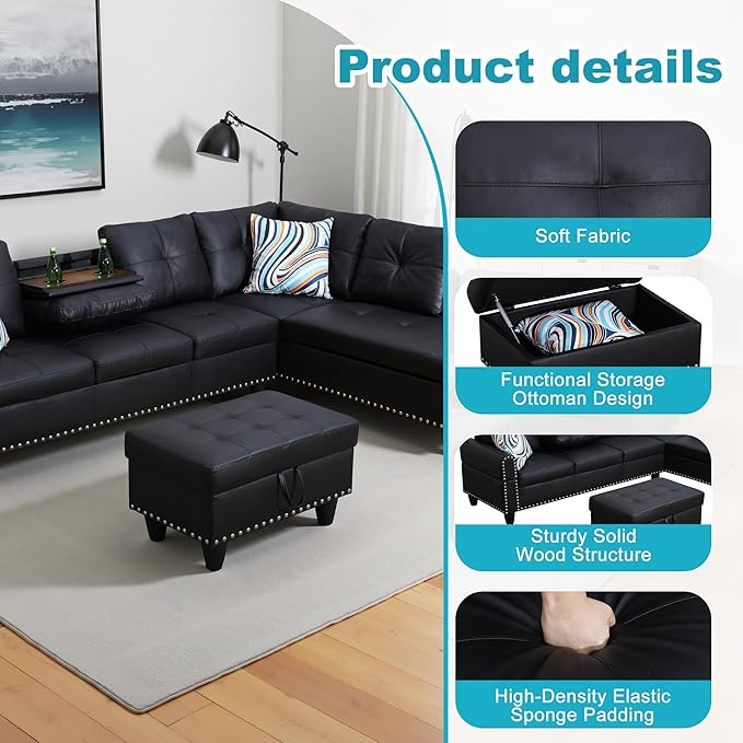 Couches for Living Room Faux Leather L Shaped Couch Comfy 3 Pieces Sectional - Image 5