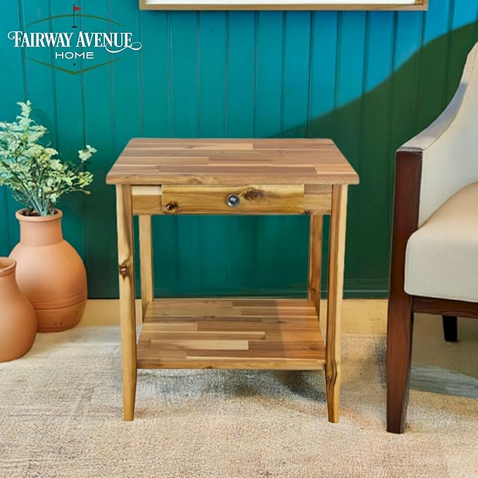 2-Tier Solid Acacia End Table w/Drawer - Image 3