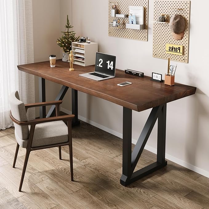 Solid Wood and Metal Modern Industrial 56 inch Wide Home Office Desk, Writing by jmzxstore