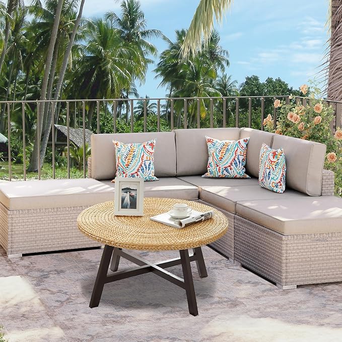 RANDEFURN Coffee Table Round, Seagrass Coffee Tables, Pine Wood X Base Frame - Image 2